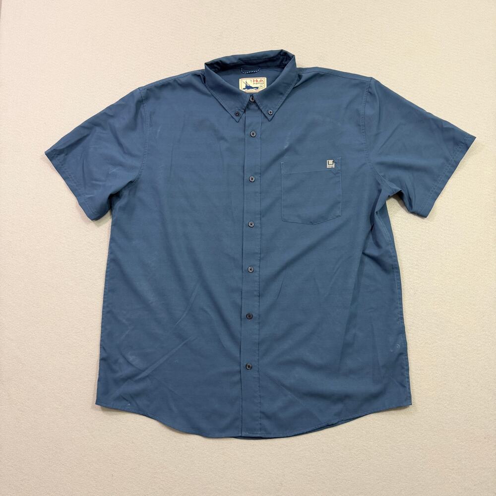 HUK Kona Short Sleeve Button Shirt Men's Extra Large Blue Sargasso Sea Fishing